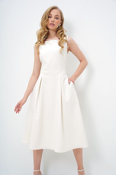 Trend Alaçatı Stili Women's Ecru Boat Neck Stitching Detailed Midi Length Lined Flared Dress Alc-X13975