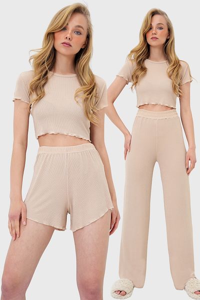 Trend Alaçatı Stili Bluză, pantaloni scurți și pantaloni pentru femei, bej, cu decolteu, set de 3 piese PJM-X13916