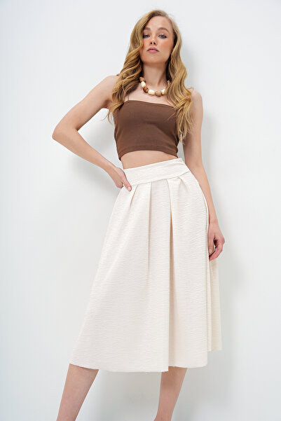 Trend Alaçatı Stili Női krémszínű, magas derekú, széles öv, rejtett cipzáras, midi hosszúságú texturált szoknya ALC-X13473