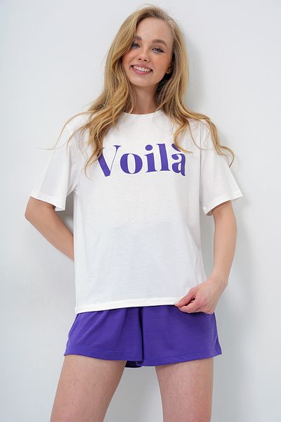 Trend Alaçatı Stili Women's Purple Front Text Printed Cotton Basic T-Shirt and Shorts Combed Cotton Bottom Top Set Pjm-X13902