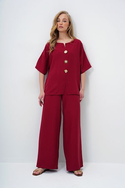 Trend Alaçatı Stili Women's Burgundy V Neck Metal Gold Button Detail Aerobin Blouse and Pant Bottom Top Suit Alc-X14122