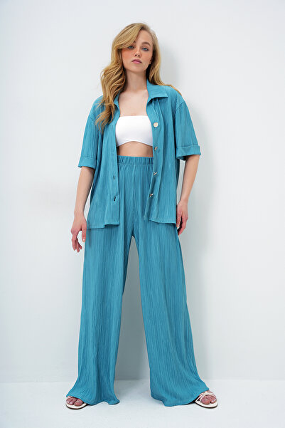 Trend Alaçatı Stili Mint Green Double Cuff Gold Button Detailed Pleated Shirt and Palazzo Pants Set Alc-X14139