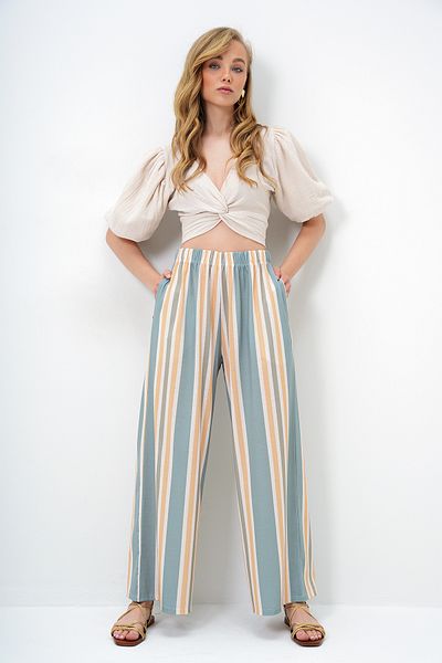 Trend Alaçatı Stili Pantaloni de vară cu picioare largi, verde-muștar, cu buzunare duble, cu model, ALC-X14142