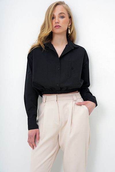 Trend Alaçatı Stili Women's Black Wide Cuff Elastic Waist Crop Poplin Shirt Alc-X13963