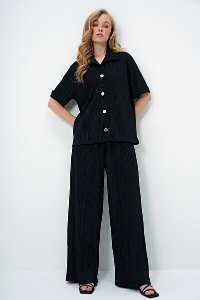 Trend Alaçatı Stili Women's Black Double Cuff Gold Button Detailed Pleated Shirt and Palazzo Pants Set Alc-X14139