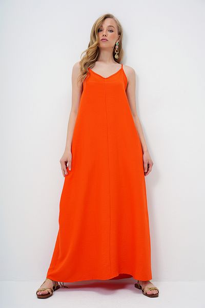 Trend Alaçatı Stili Women's Orange Adjustable Strap V-Neck Aerobin Summer Dress Alc-X14067