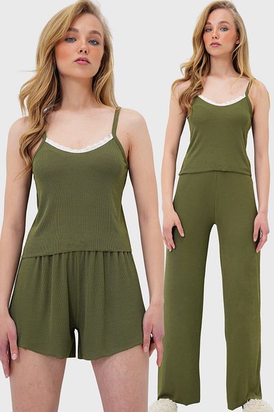 Trend Alaçatı Stili 3-teiliges Pyjama-Set für Damen mit Khaki-Seilriemen, Spitze, detaillierter Bluse, Shorts und Hose PJM-X13917