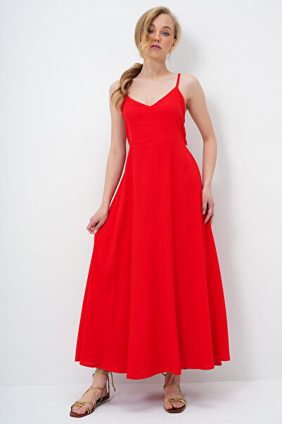 Trend Alaçatı Stili Women's Red Rope Strap Back Tie Detailed Maxi Length Summer Dress Alc-X13471