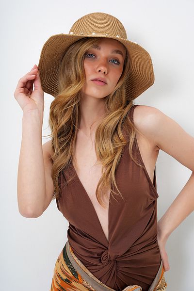 Trend Alaçatı Stili Women's Camel Beaded Bow Detailed Straw Hat Alc-X14162