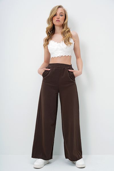 Trend Alaçatı Stili Bitterbraune Gabardine-Palazzo-Hose mit zwei Taschen für Damen ALC-X13983