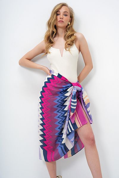 Trend Alaçatı Stili Fliederfarbener Pareo-Schal mit Zickzackmuster für Damen ALC-X14148