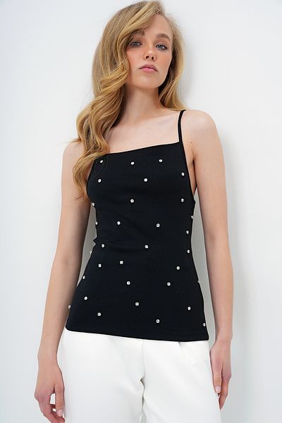 Trend Alaçatı Stili Women's Black Square Collar Trok Stone Pocketed Rope Strap Blouse Alc-X13884