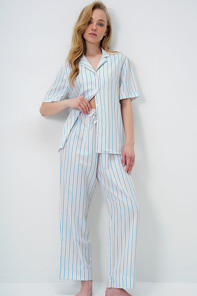 Trend Alaçatı Stili Butter Yellow Double Sleeve and Leg Detail Striped Shirt and Trousers Pajama Set Pjm-X13918
