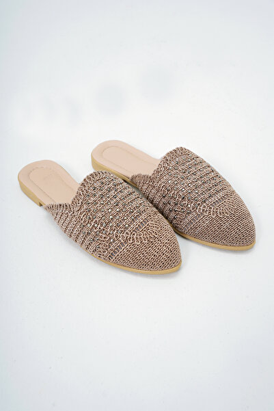 Trend Alaçatı Stili Women's Mink Bead Embroidered Knitted Knitwear Flat Slippers Alc-X14016