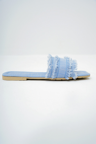 Trend Alaçatı Stili Kadın Mavi Püskül Detaylı Keten Kumaş Düz Terlik ALC-X14132