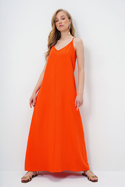 Trend Alaçatı Stili Women's Orange Adjustable Strap V-Neck Aerobin Summer Dress Alc-X14067