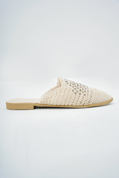 Trend Alaçatı Stili Γυναικείες κρεμ χάντρες κεντημένες πλεκτές πλεκτές φλατ παντόφλες ALC-X14016