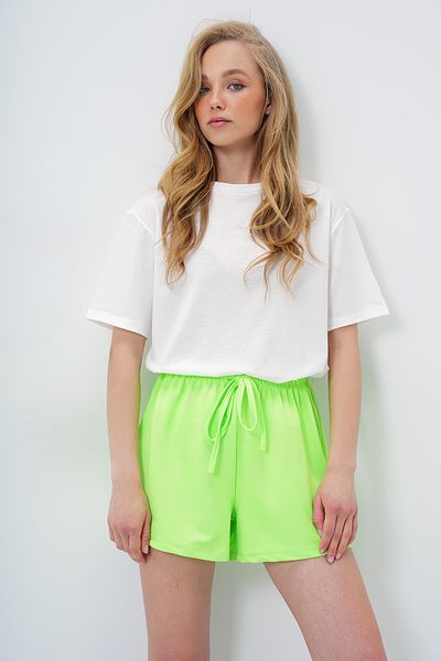 Trend Alaçatı Stili Women's Lemon Green Cotton Basic T-Shirt and Tie-Up Shorts Combed Cotton Bottom Top Set Pjm-X13904