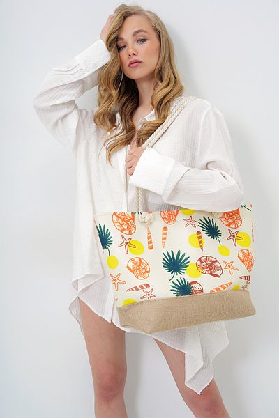 Trend Alaçatı Stili Női ekrü szalmatalp mintás maxi méretű strandtáska ALC-X14007