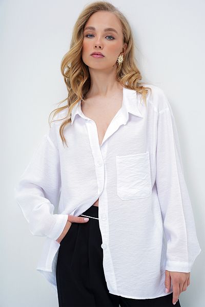Trend Alaçatı Stili Women's White Single Pocket Linen Blended Oversize Shirt Alc-X13964