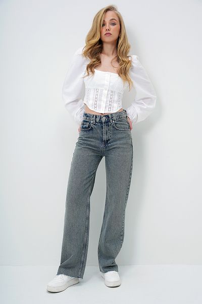 Trend Alaçatı Stili Damen Vintage Blue High Waist Washed Leg Palazzo Jean Hose mit Quaste ALC-X13982