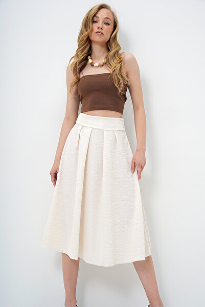 Trend Alaçatı Stili Női krémszínű, magas derekú, széles öv, rejtett cipzáras, midi hosszúságú texturált szoknya ALC-X13473