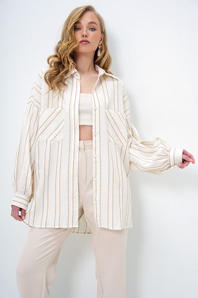 Trend Alaçatı Stili Women's Beige Double Pocket Linen Blended Oversize Striped Shirt Alc-X13978