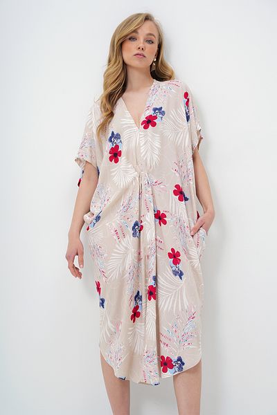 Trend Alaçatı Stili Women's Beige V-Neck Patterned Summer Maxi Length Woven Dress Alc-X14087