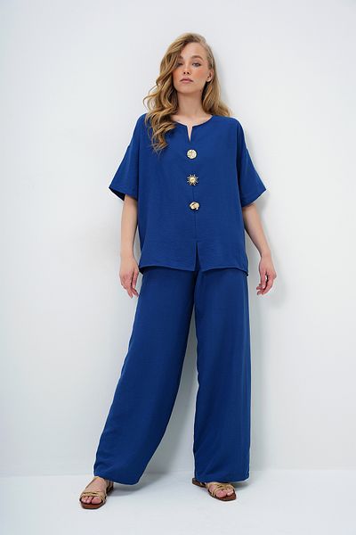 Trend Alaçatı Stili Women's Navy Blue V-Neck Metal Gold Button Detail Aerobin Blouse and Pant Alt Top Suit Alc-X14122