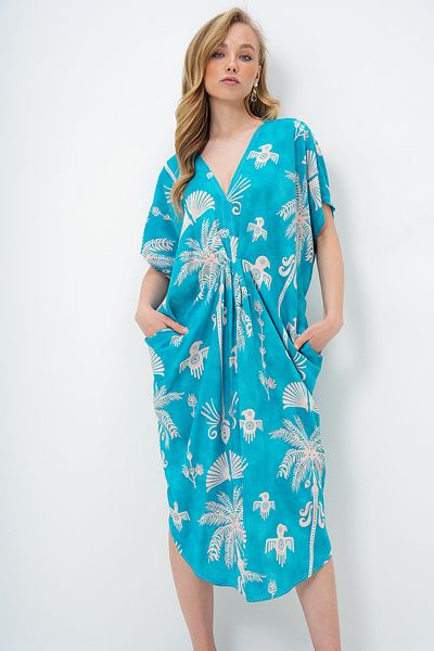 Trend Alaçatı Stili Women's Turquoise Blue V-Neck Patterned Summer Maxi Length Woven Dress Alc-X14087