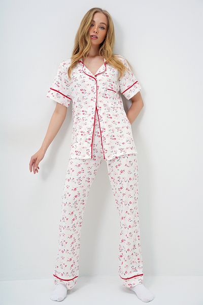 Trend Alaçatı Stili Women's Micro Floral Pomegranate Single Pocket Piping Detailed Cotton Shirt and Pants Pajama Set Pjm-X13898
