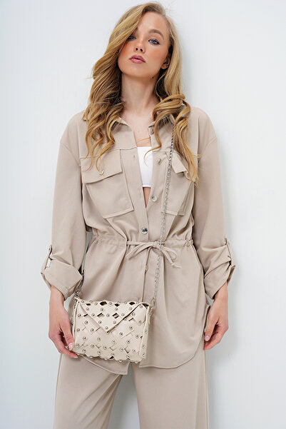 Trend Alaçatı Stili Women's Beige Laser Cut Shoulder Bag with Metal Accessories Alc-X14009