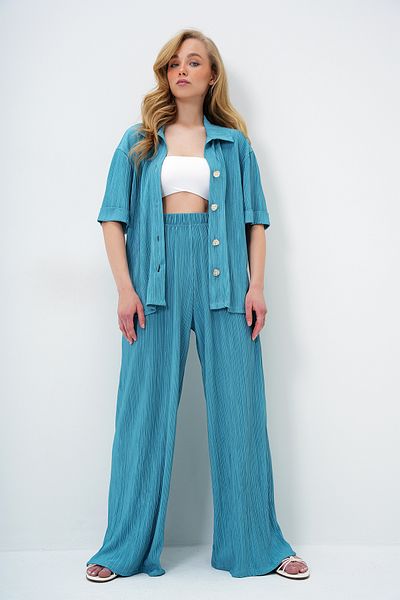 Trend Alaçatı Stili Mint Green Double Cuff Gold Button Detailed Pleated Shirt and Palazzo Pants Set Alc-X14139