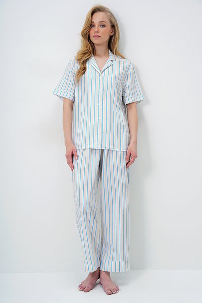 Trend Alaçatı Stili Butter Yellow Double Sleeve and Leg Detail Striped Shirt and Trousers Pajama Set Pjm-X13918