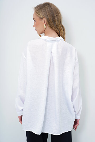 Trend Alaçatı Stili Women's White Single Pocket Linen Blended Oversize Shirt Alc-X13964
