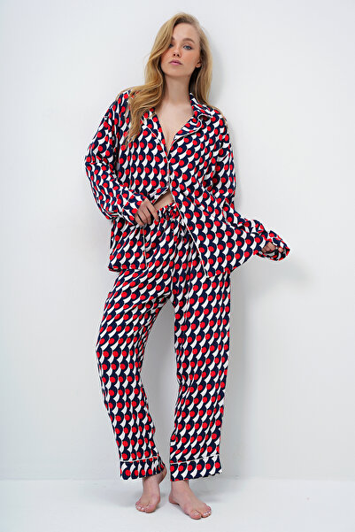 Trend Alaçatı Stili Women's Red Piping Detailed Long Sleeve Shirt and Trousers Pajama Set Pjm-X13912