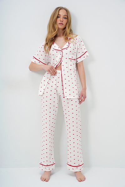 Trend Alaçatı Stili Set de pijamale din bumbac, roșu, cu un singur buzunar, cu detaliu de țevi PJM-X13898