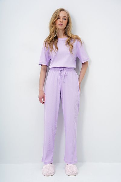 Trend Alaçatı Stili Women's Lilac Crew Neck Short Sleeve T-Shirt and Pants Set Alc-X14069