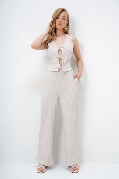 Trend Alaçatı Stili Women's Stone Lacing Detailed Openwork Vest and Double Pocket Palazzo Pants Set Alc-X13958