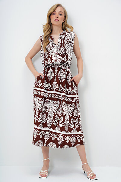 Trend Alaçatı Stili Women's Ecru Brown Judge Collar Front Buttoned Zero Sleeve Woven Summer Dress Alc-X14088