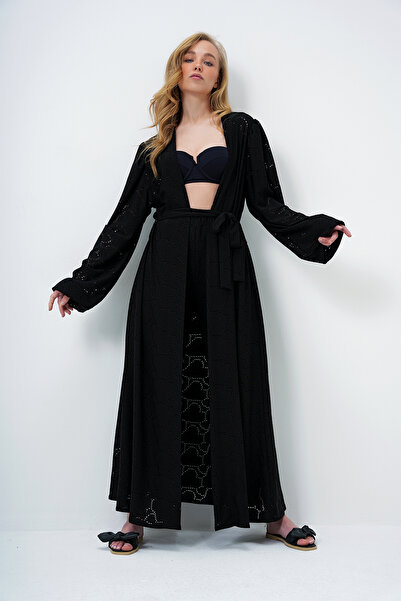 Trend Alaçatı Stili Mattschwarzer, selbststrukturierter, durchbrochener Kimono-Anzug mit langen Hosen für Damen ALC-X11710