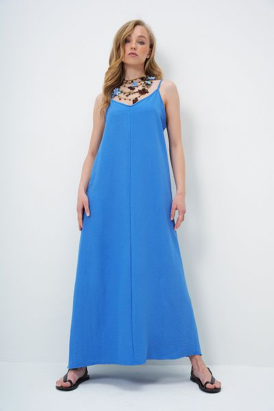 Trend Alaçatı Stili Rochie de vară Aerobin cu decolteu în V cu bretele reglabile albastru indigo pentru femei ALC-X14067