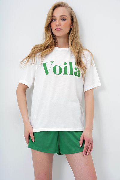 Trend Alaçatı Stili Women's Green Front Text Printed Cotton Basic T-Shirt and Shorts Combed Cotton Bottom Top Set Pjm-X13902