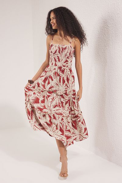 Trendyol Collection Καφέ Floral Gipeli Maxi Υφαντό Φόρεμα TWOSS25EL00713