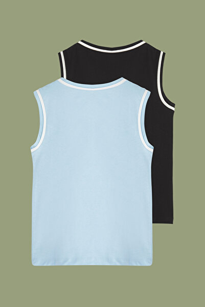 TRENDYOLKIDS Black-Blue 2-Piece Boy's 100% Cotton Basic Piping Detailed Knitted Undershirt Tkdss25Al00010