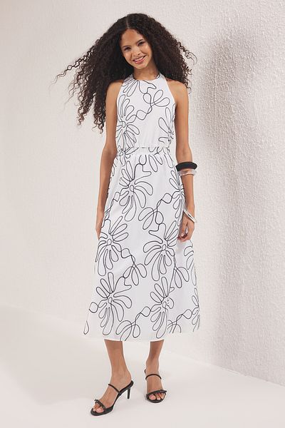 Trendyol Collection Ecru Skirt Waist Open Floral Embroidery Midi Woven Dress Twoss25El00428