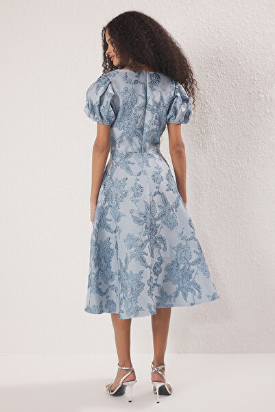 Trendyol Collection Rochie de seară elegantă, țesătură jacquard, albastru deschis, rochie de absolvire de noapte TPRSS25EL00202