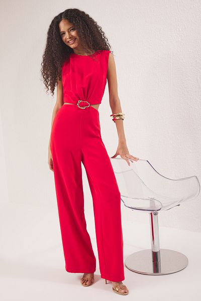 Trendyol Collection Red Cut Out/Window and Buckle Detail Wide Leg Woven Crepe Jumpsuit Twoss25Tu00065