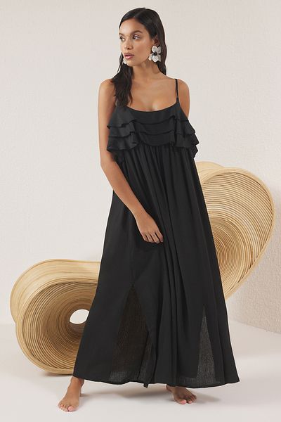 Trendyol Collection Black Woven Midi Flounces Beach Dress Tbess25El00132