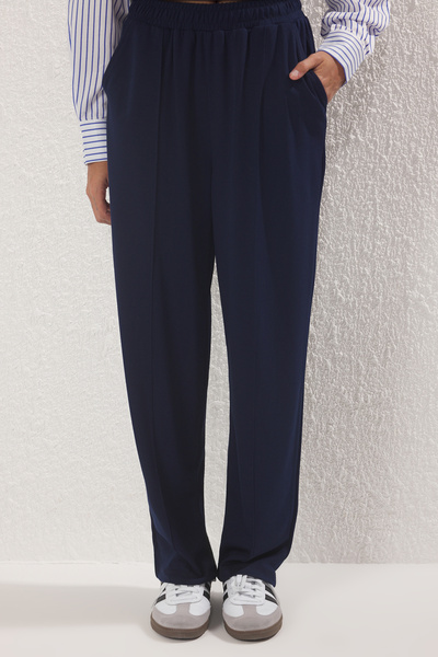 Trendyol Modest Navy Blue Striped Woven Fabric Detailed Knitted Bottom-Top Set Tctss25Us00042